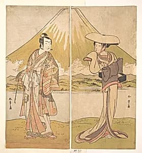 The Actor Nakamura Tomijuro as a Tall Woman in a Flat Straw Hat by Katsukawa Shunshō　勝川春章