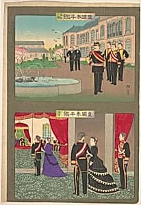 Example of Peaceful Empire – Museum, Congratulatory Palace Visit (Kōkoku Taihei Kagami – Hakubutsukan, Sanga) by Utagawa Kunisada III