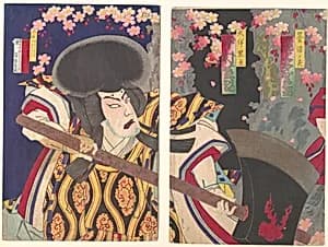 Actor, Nakamura Shikan plays as Ootomo no Kuronushi, Onoe Taganojō plays as Kurosome no rei, from Tsumoru koiyuki no sekinoto by Hashimoto Naoyoshi