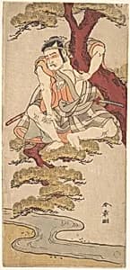 The Actor Otani Hiroemon III Watching from the Branches of a Pine Tree Overhanging a Stream by Katsukawa Shunshō　勝川春章