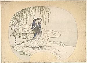 A Woman Stands on a Rock in a Stream Washing Clothes by Utagawa Toyoshige