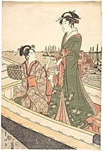 Two Women in a Boat; One Holding a Basket of Mussels by Utagawa Toyokuni I