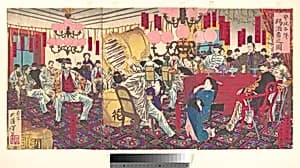 Illustration of the Police Superintendent and his men Receiving Wine (Keishi kakutai e sake tamawaru mono no zu) by Tsukioka Yoshitoshi