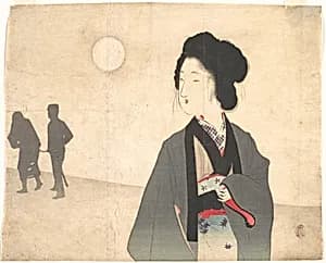 Young Woman Looks at Silhouette of a Male Prisoner being Led Away by Tomioka Eisen
