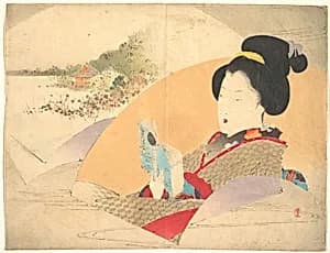 Beauty Looking at Shinobazu Pond", illustration from Bugei Kurabu (Literary Club) by Watanabe Seitei