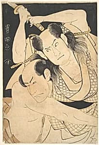 The Actors Sawamura Sōjūrō III holding Sword Aloft, and Arashi Shichigorō III as Fighting Heroes by Utagawa Toyokuni I
