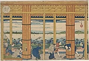 Shower-Shelter on the Shore of Tempozan Bay by Yashima Gakutei