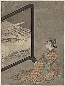 Young Woman with a Pipe in Her Hand Gazing at Landscape Painted on a Screen by Suzuki Harunobu