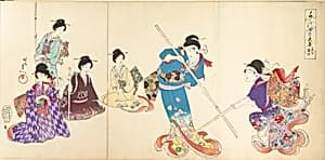 Ladies in Waiting of the Chiyoda Castle: Sword Practice and Puppet Kyōgen by Yōshū (Hashimoto) Chikanobu