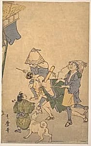 Three Revelers of the Lower Classes, Wearing Komuso Hats, with Small Boy and Dog by Kitagawa Utamaro