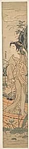 Young Woman Poling Herself in a Boat among Pond Lilies by Isoda Koryūsai