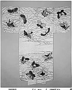 Noh robe (Nuihaku) with Design of Butterflies and Miscanthus Grass in Mist by Unknown Artist