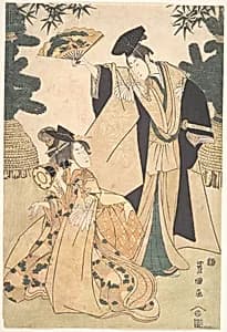 Young Lady with Drum and Man with Fan Saluting Her by Utagawa Toyokuni I