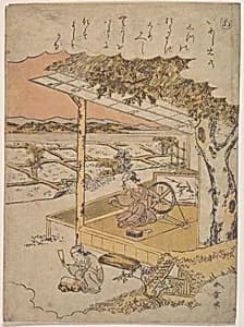 Woman on Veranda, Spinning; another Pounding Cloth on Rock in Foreground by Katsukawa Shunshō　勝川春章