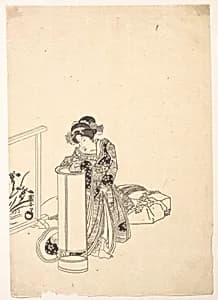 Young Woman Leaning over a Tall Lamp by Utagawa Kuniyasu