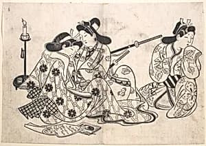 Samurai and Courtesan Seated; A Servant Beside Them by Sugimura Jihei Masataka