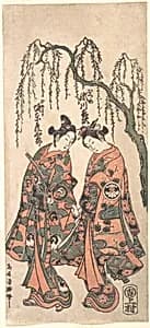 Young Lovers under a Drooping Willow, Their Hands Clasped, Their Heads Bent by Torii Kiyohiro