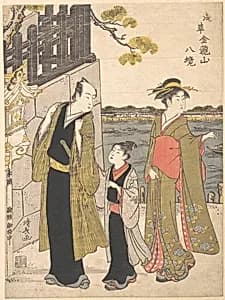 A Man with a Boy and a Geisha Visiting the Kinryusan Temple by Torii Kiyonaga