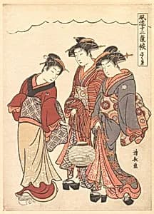 Two Geisha Preceded by a Maid Carrying a Lantern by Torii Kiyonaga