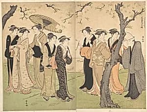 Group of Six Geisha Under the Cherry Trees on Gotenyama by Torii Kiyonaga