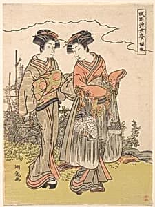 Girl Accompanied by an Elder Attendant Walking by a Stream by Isoda Koryūsai