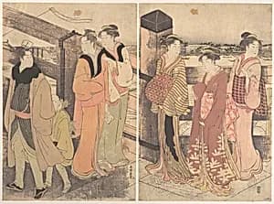 A Group of Women, One Man and a Boy on a Bridge by Katsukawa Shunchō