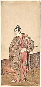 The Actor Ichikawa Danjuro V standing inside of a house and in front of an engawa by Katsukawa Shunshō　勝川春章