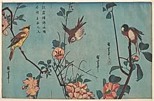 Titmouse and Camellias (right), Sparrow and Wild Roses (center), and Black-naped Oriole and Cherry Blossoms (left) by Utagawa Hiroshige