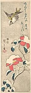 Sparrow and Snow-covered Camellia (Tsubaki) by Utagawa Hiroshige