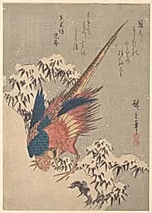 Pheasant Among Snow–laden Bamboo on Hillside by Utagawa Hiroshige