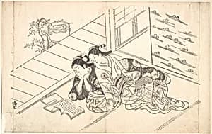 Two Women Reclining on the Floor of a Room and Reading a Book by Nishikawa Sukenobu