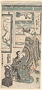 The Actor Arashi Tominosuke (Standing) in the Role of Hyasakihime, and Ichimura Kamezo as Kanto Koroku by Ishikawa Toyonobu