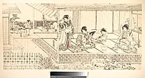Two Court Ladies (Goten Jochu) and a Geisha at a Restaurant by Utagawa Kunisada|Ichiransai Kunitsuna