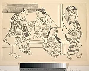 A Man Lighting His Pipe from that of A Young Woman who Sits Beside Him by Okumura Masanobu