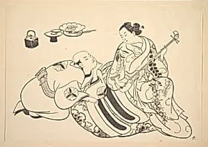 An Oiran Playing the Shamisen to a Young Man Kneeling by Her Side in Rapt Attention by Okumura Masanobu