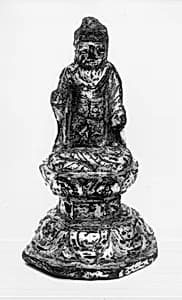 Statuette of Buddha Sitting on Engraved Throne by Unknown Artist