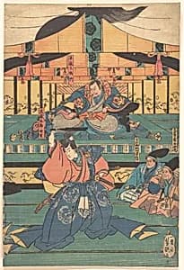 Kabuki actors play as Ōashibara Ueno no kami Masahira, Tokiwa Mikuriya Bettō Tsuneaki, Tairano Shinnō Masakado, Musashi Gorō Takeshiba by Utagawa Yoshitsuya