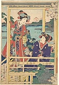 Two Beauties at Spring Garden with a Pond by Toyohara Kunichika