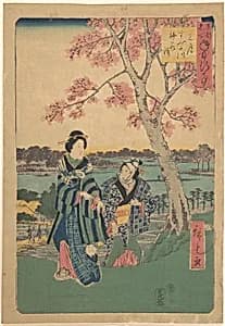 Plum-blossom viewing in the third month at Sumida River from the series Annual Events at Famous Places in the Eastern Capital (Tōto meisho nenjū gyōji sangatsu sumitagawa waka mōde) by Utagawa Hiroshige