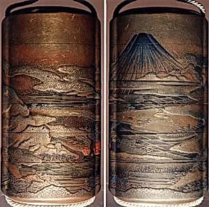 Case (Inrō) with Design of Mount Fuji seen above Rice Fields (obverse); Pines and Cloud Bands in Autumn (reverse) by Unknown Artist