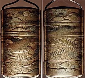 Case (Inrō) with Design of Persons Steering Wood Rafts on River in Mountain Landscape by Unknown Artist