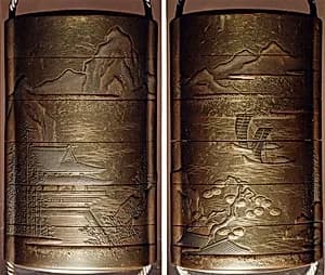 Case (Inrō) with Design of Chinese-Style Buildings in a Mountain Landscape (obverse); Boats on Waves in a Mountain Landscape (reverse) by Unknown Artist