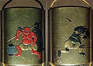 Case (Inrō) with Design of an Oni (Demon) Carrying a Temple Bell and Paper Lantern over His Shoulder (obverse); Oni Carrying Fish Head Stuck on a Pole and Holly Branch (reverse) by Unknown Artist