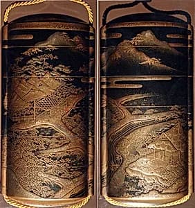 Case (Inrō) with Design of Thatched Farm Buildings in Fields and Mountain Landscape with Cloud Bands by Unknown Artist