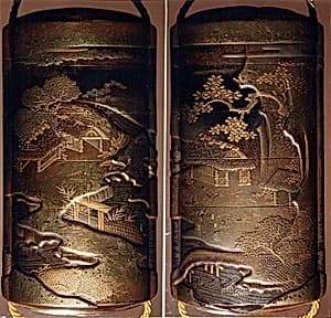 Case (Inrō) with Design of Thatched Buildings Beside River Landscape by Unknown Artist