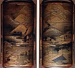 Case (Inrō) with Design of Buildings in Mountain Landscape by Unknown Artist