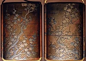 Case (Inrō) with Design of Young Pine Trees behind Flowering Plum Tree by Unknown Artist