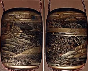 Case (Inrō) with Design of Winding River, Birds in Flight, Trees and Clouds by Unknown Artist