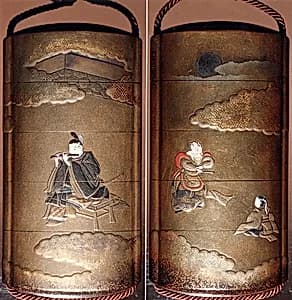 Case (Inrō) with Design of Courtier Accompanying Raryōō (obverse); Nobleman Playing Flute (reverse) by Unknown Artist