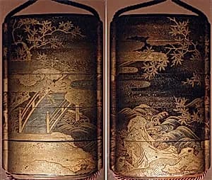 Case (Inrō) with Design of a Diagonal Bridge Seen among Clouds and Maple Branches (obverse); Rocks and Waves beneath Maple Trees and Clouds (reverse) by Unknown Artist